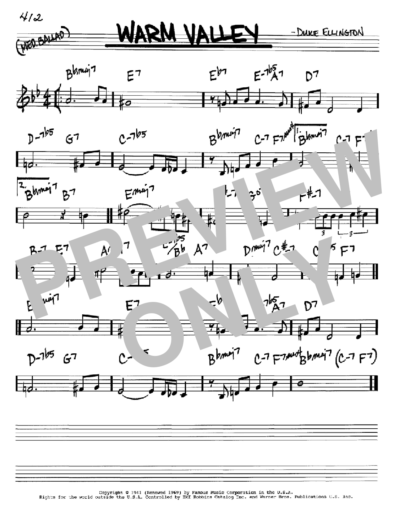 Download Duke Ellington Warm Valley Sheet Music and learn how to play Real Book - Melody & Chords - C Instruments PDF digital score in minutes