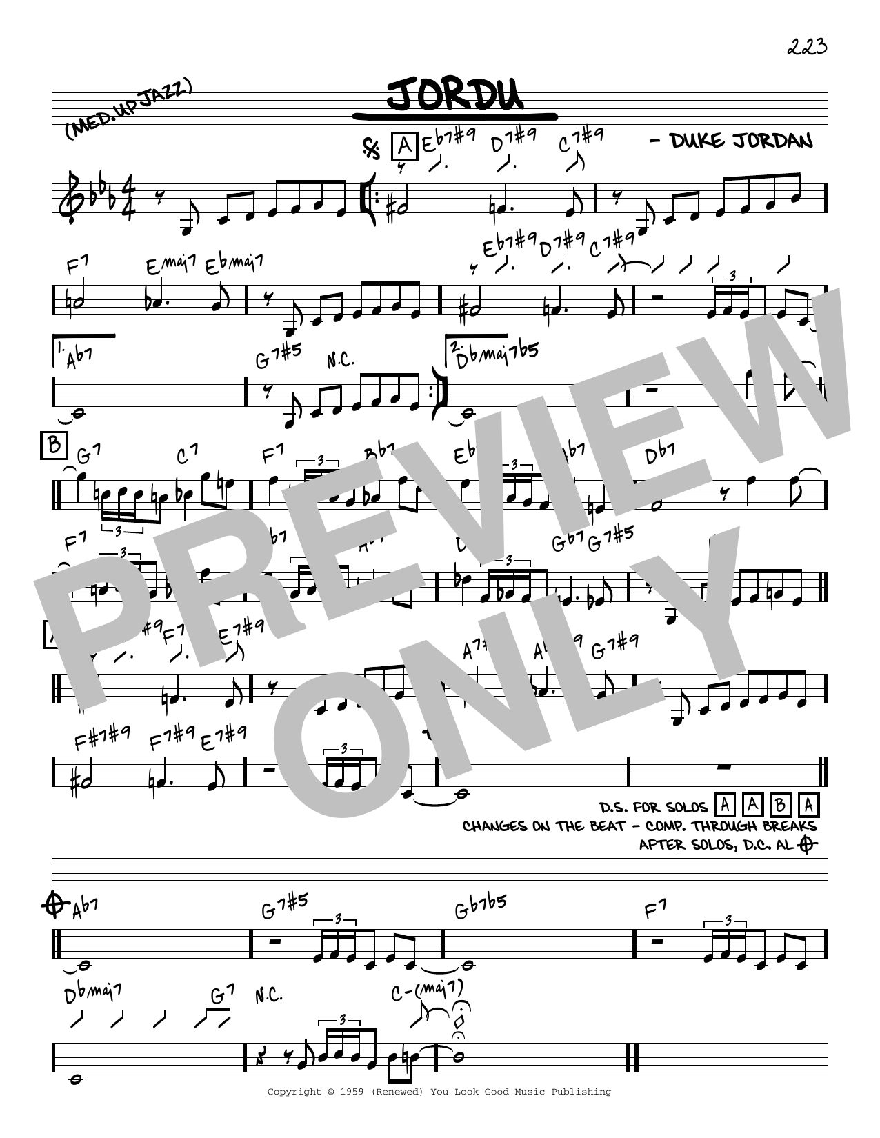 Download Duke Jordan Jordu [Reharmonized version] (arr. Jack Grassel) Sheet Music and learn how to play Real Book – Melody & Chords PDF digital score in minutes