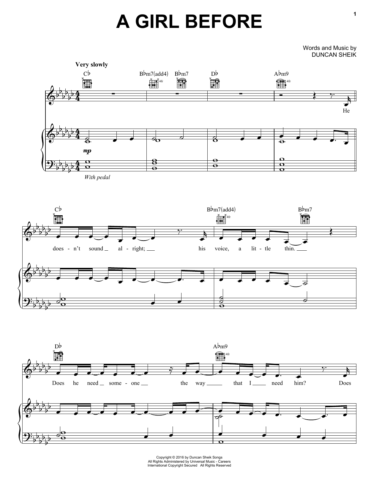 Download Duncan Sheik A Girl Before Sheet Music and learn how to play Piano, Vocal & Guitar (Right-Hand Melody) PDF digital score in minutes