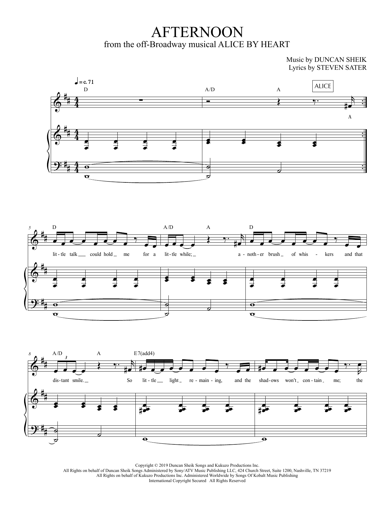 Download Duncan Sheik and Steven Sater Afternoon (from Alice By Heart) Sheet Music and learn how to play Piano & Vocal PDF digital score in minutes