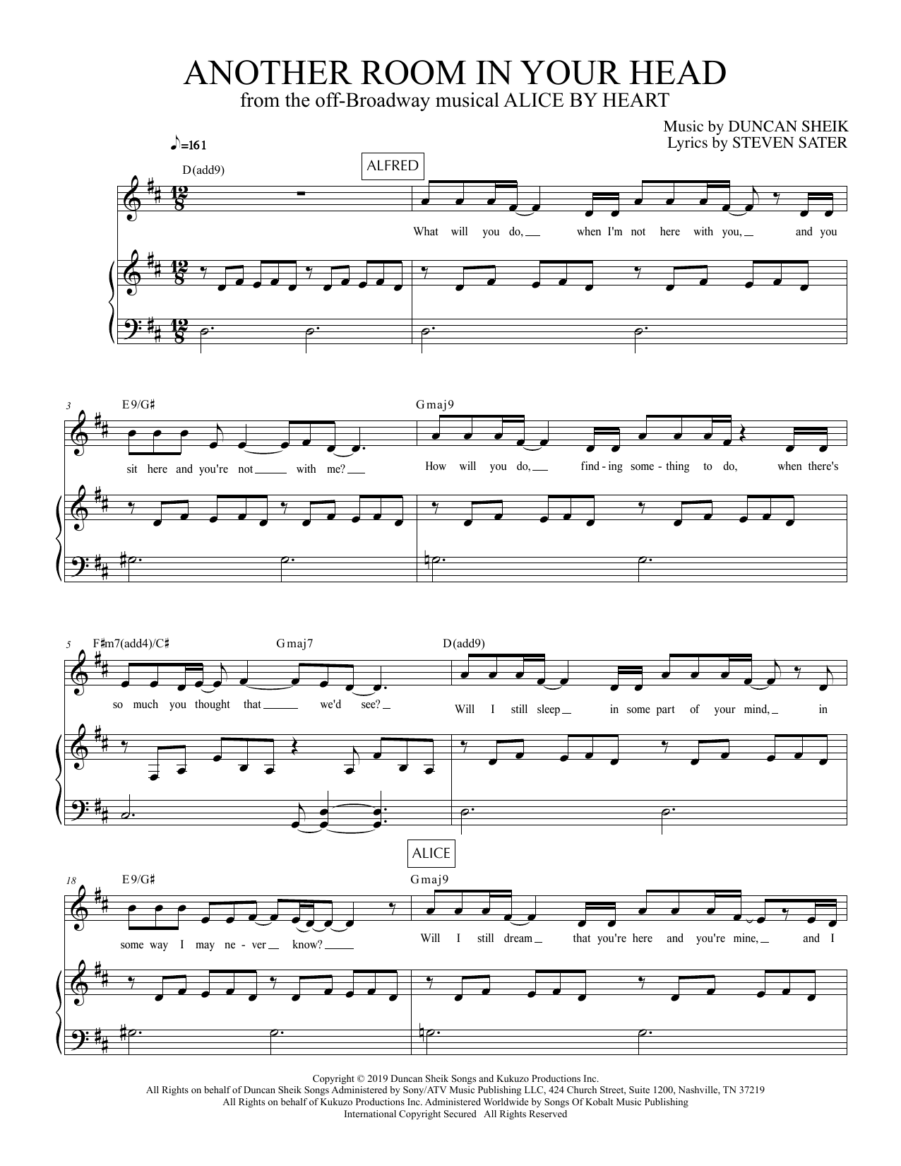 Download Duncan Sheik and Steven Sater Another Room In Your Head (from Alice By Heart) Sheet Music and learn how to play Piano & Vocal PDF digital score in minutes
