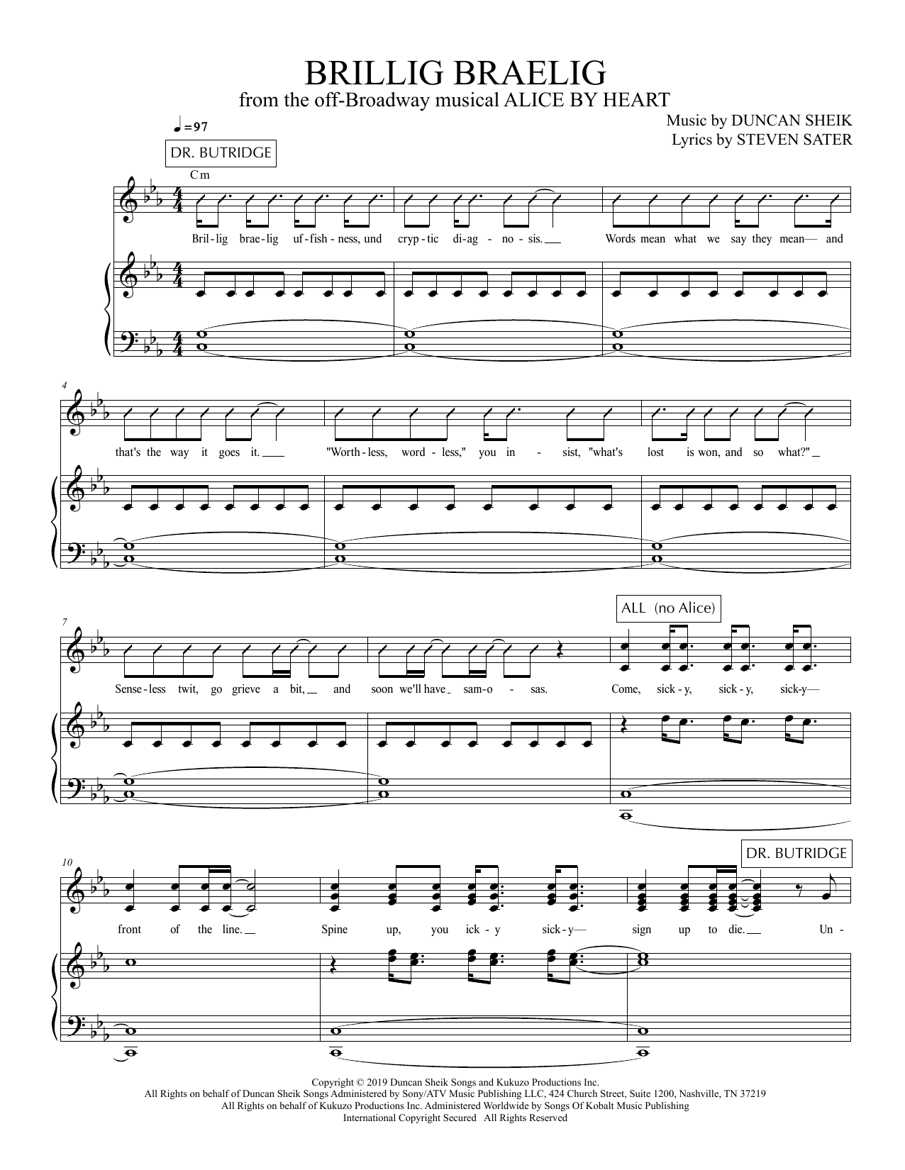 Download Duncan Sheik and Steven Sater Brillig Braelig (from Alice By Heart) Sheet Music and learn how to play Piano & Vocal PDF digital score in minutes