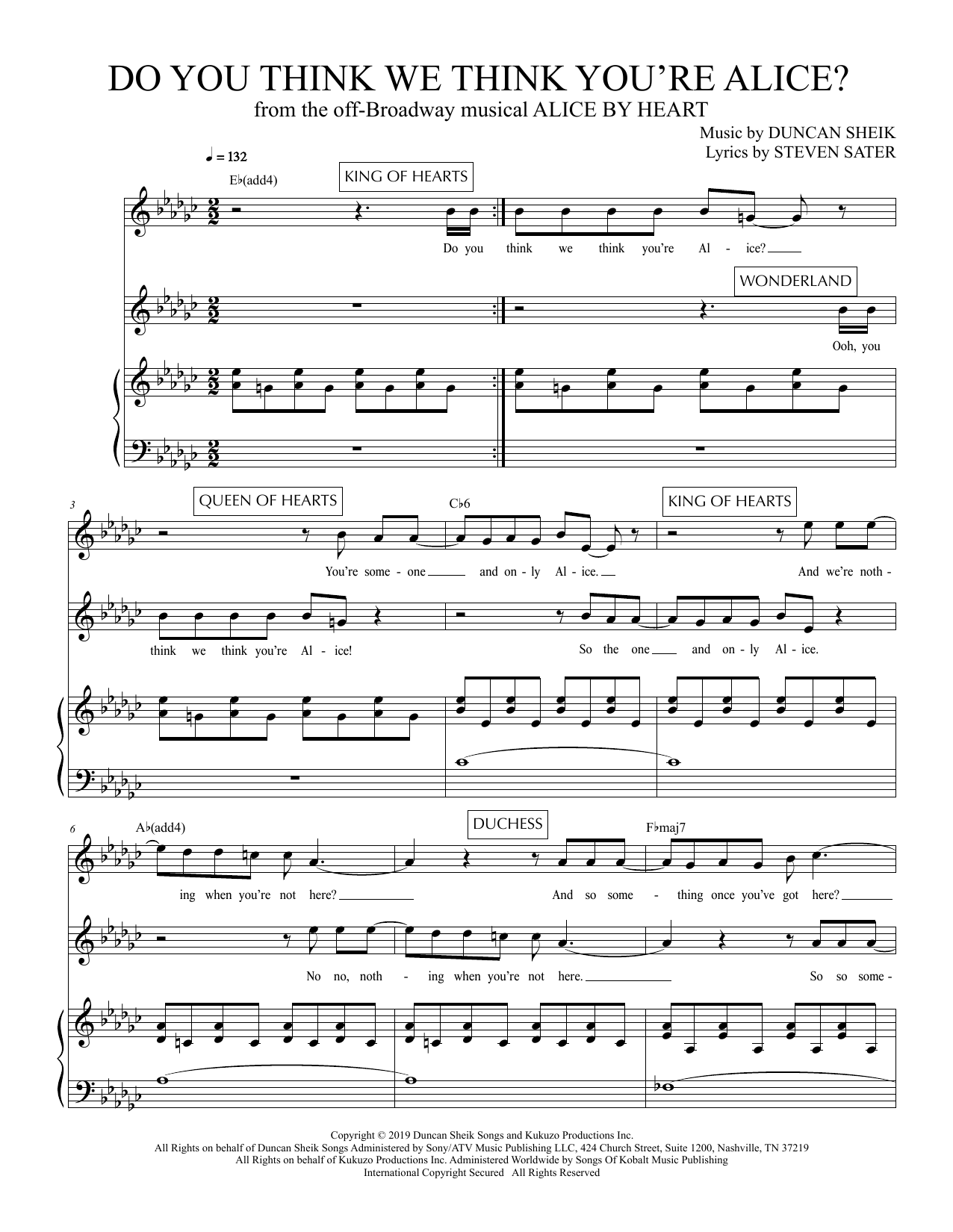 Download Duncan Sheik and Steven Sater Do You Think We Think You're Alice? (from Alice By Heart) Sheet Music and learn how to play Piano & Vocal PDF digital score in minutes