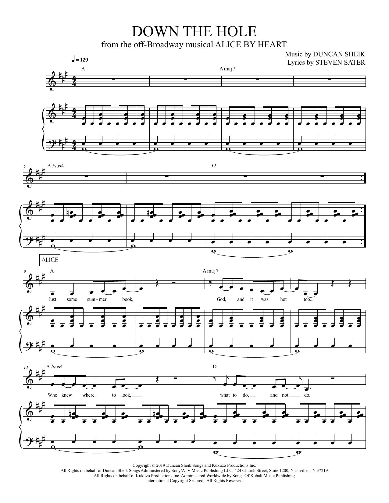 Download Duncan Sheik and Steven Sater Down The Hole (from Alice By Heart) Sheet Music and learn how to play Piano & Vocal PDF digital score in minutes