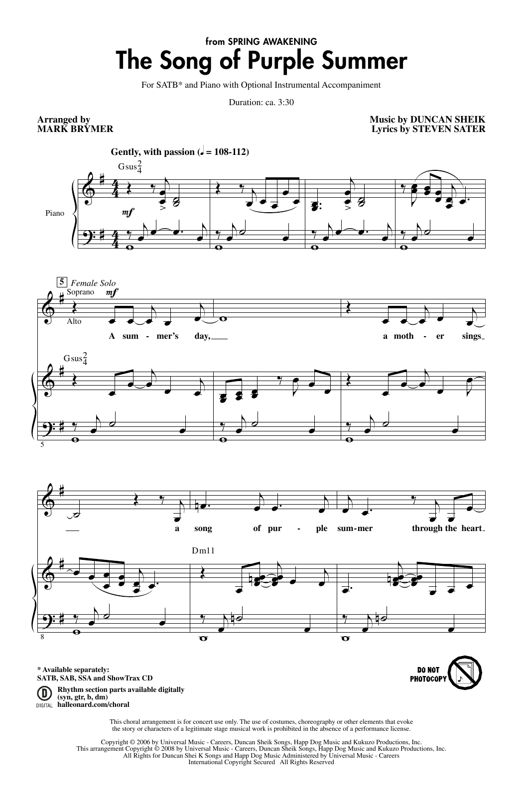 Download Duncan Sheik and Steven Sater The Song Of Purple Summer (from Spring Awakening) (arr. Mark Brymer) Sheet Music and learn how to play SATB Choir PDF digital score in minutes