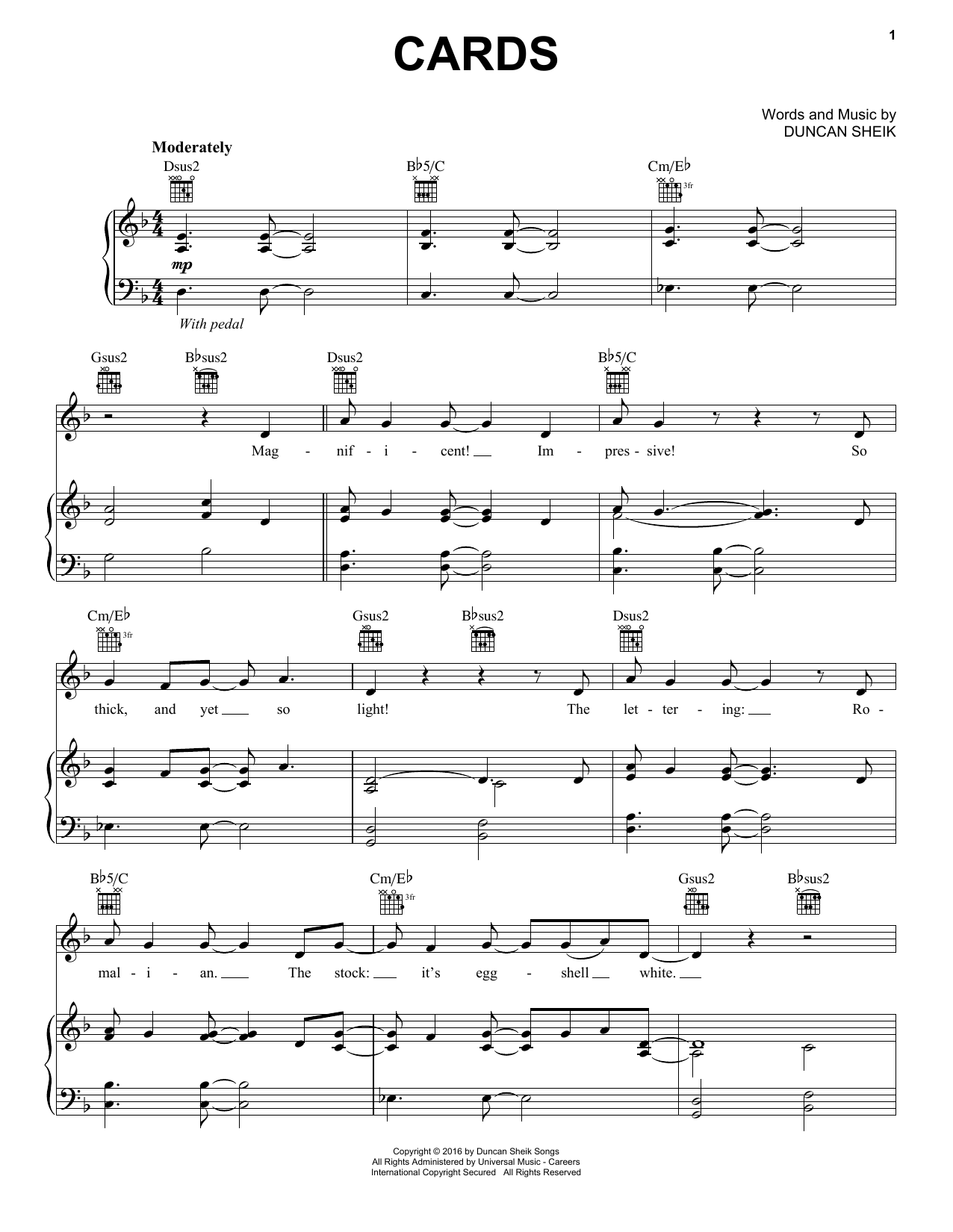Download Duncan Sheik Cards Sheet Music and learn how to play Piano, Vocal & Guitar (Right-Hand Melody) PDF digital score in minutes