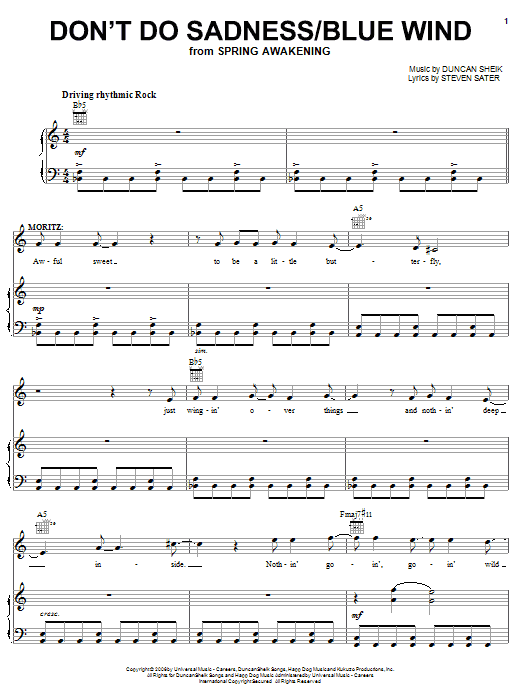 Download Duncan Sheik Don't Do Sadness/Blue Wind Sheet Music and learn how to play Piano, Vocal & Guitar (Right-Hand Melody) PDF digital score in minutes