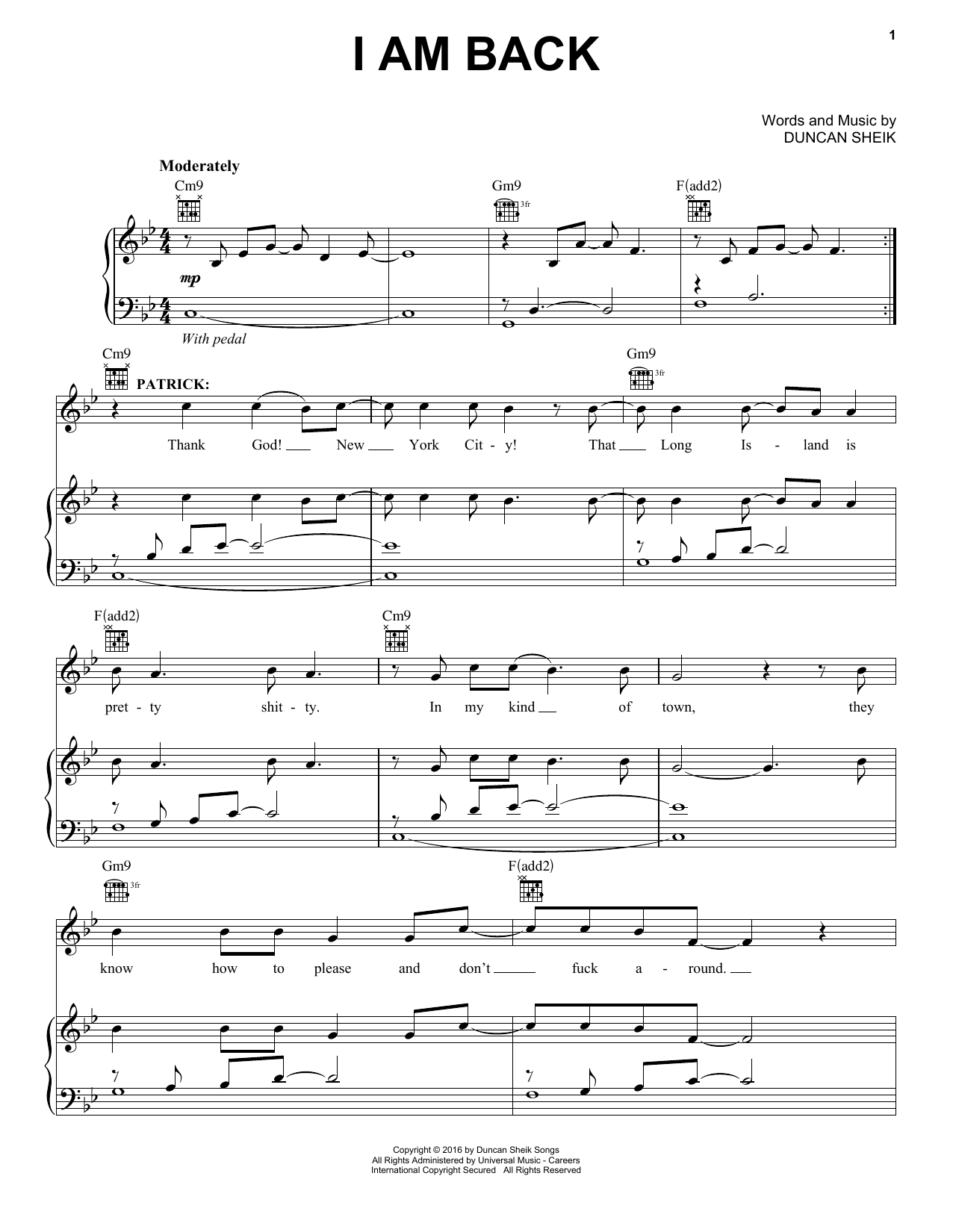 Download Duncan Sheik I Am Back Sheet Music and learn how to play Piano, Vocal & Guitar (Right-Hand Melody) PDF digital score in minutes