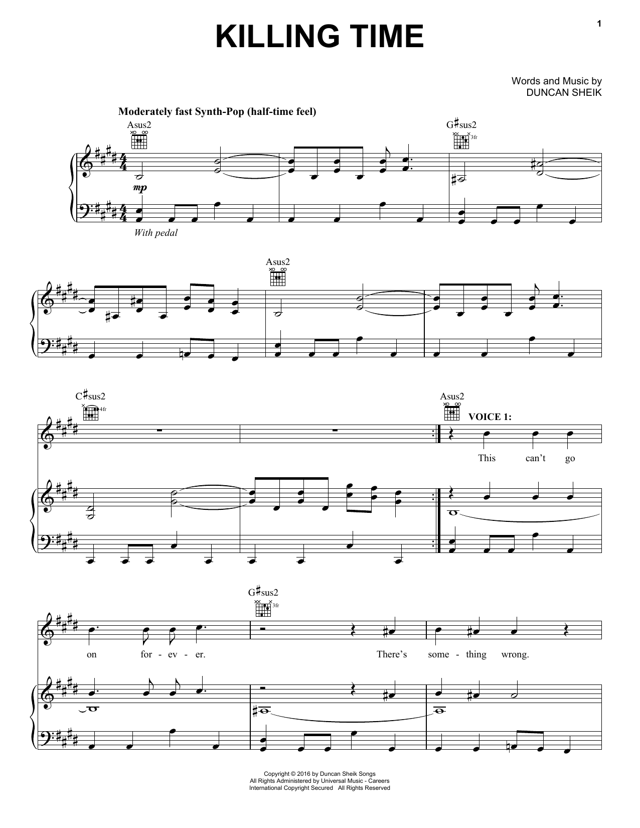 Download Duncan Sheik Killing Time Sheet Music and learn how to play Piano, Vocal & Guitar (Right-Hand Melody) PDF digital score in minutes