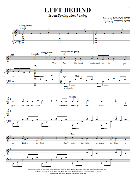 Download Duncan Sheik Left Behind Sheet Music and learn how to play Melody Line, Lyrics & Chords PDF digital score in minutes