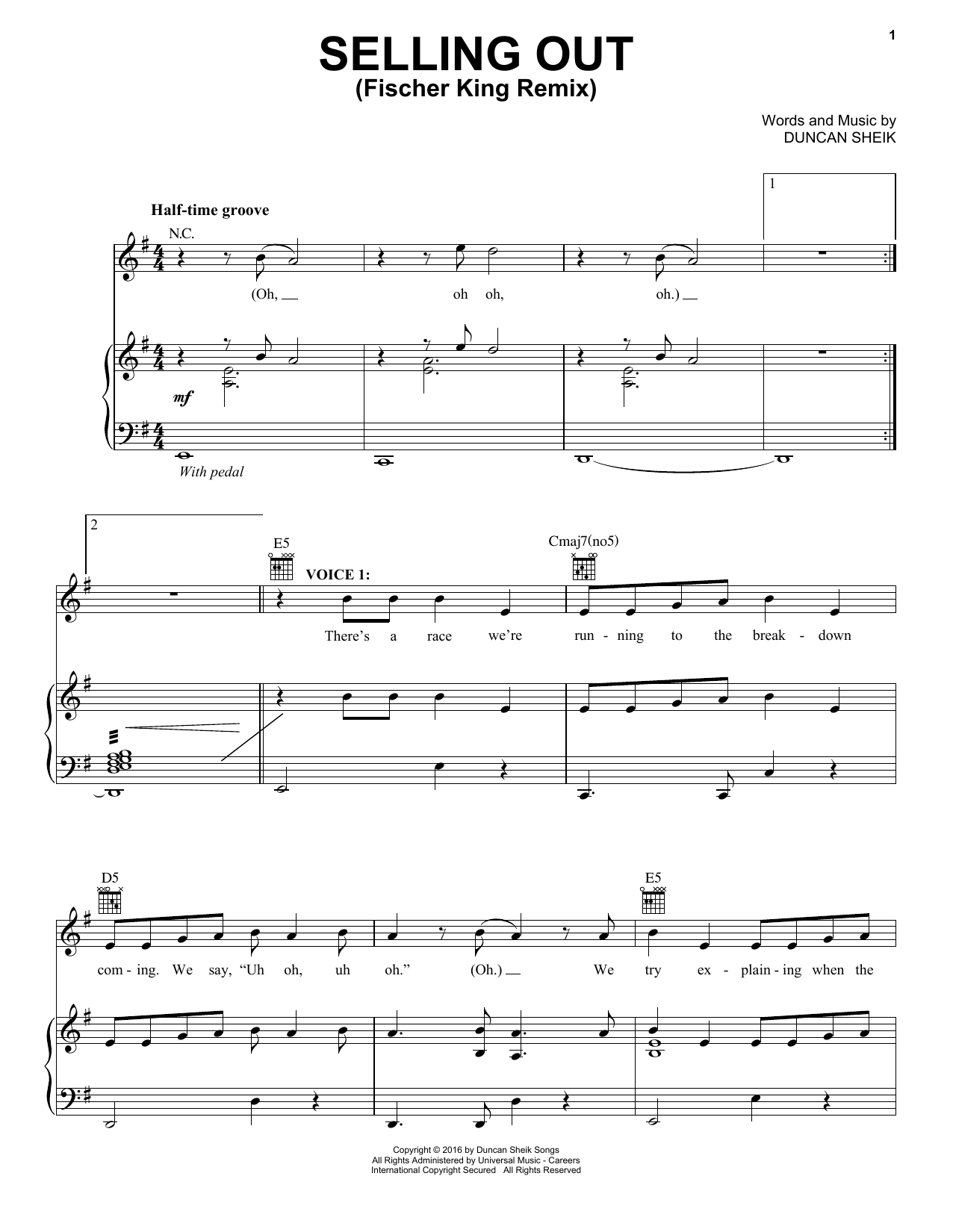 Download Duncan Sheik Selling Out (Fischer King Remix) Sheet Music and learn how to play Piano, Vocal & Guitar (Right-Hand Melody) PDF digital score in minutes