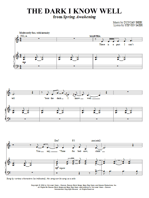 Download Duncan Sheik The Dark I Know Well Sheet Music and learn how to play Piano, Vocal & Guitar (Right-Hand Melody) PDF digital score in minutes