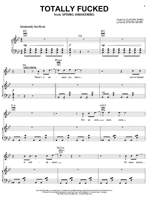 Download Duncan Sheik Totally Fucked Sheet Music and learn how to play Piano, Vocal & Guitar (Right-Hand Melody) PDF digital score in minutes