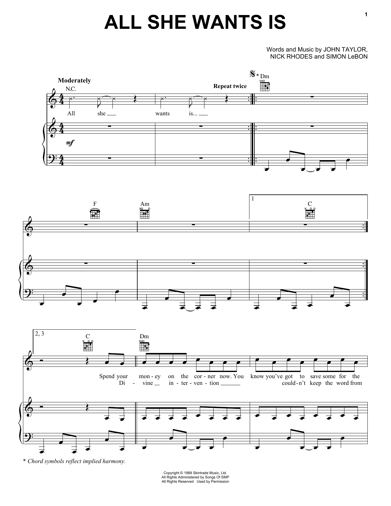 Download Duran Duran All She Wants Is Sheet Music and learn how to play Piano, Vocal & Guitar (Right-Hand Melody) PDF digital score in minutes