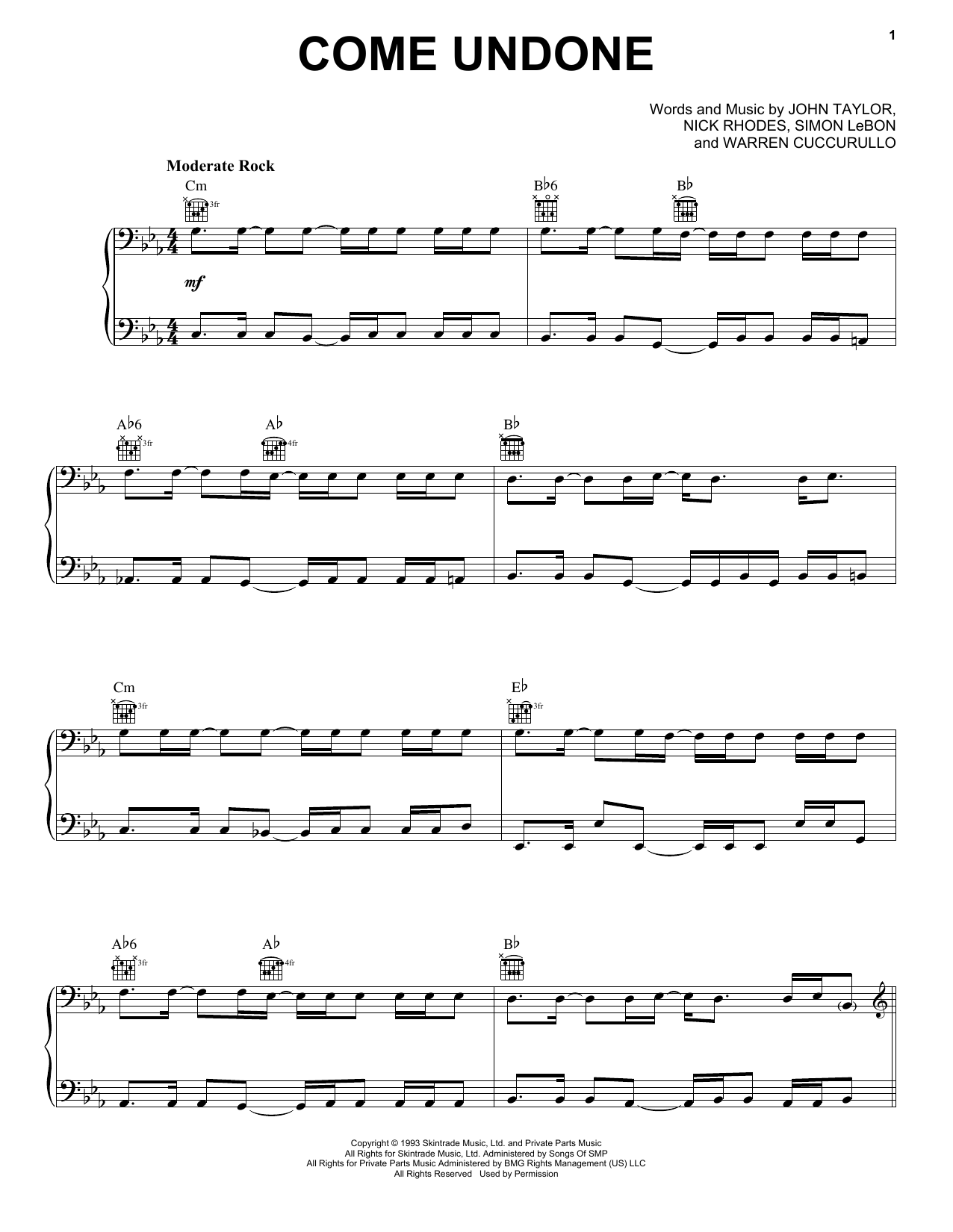 Download Duran Duran Come Undone Sheet Music and learn how to play Piano, Vocal & Guitar (Right-Hand Melody) PDF digital score in minutes
