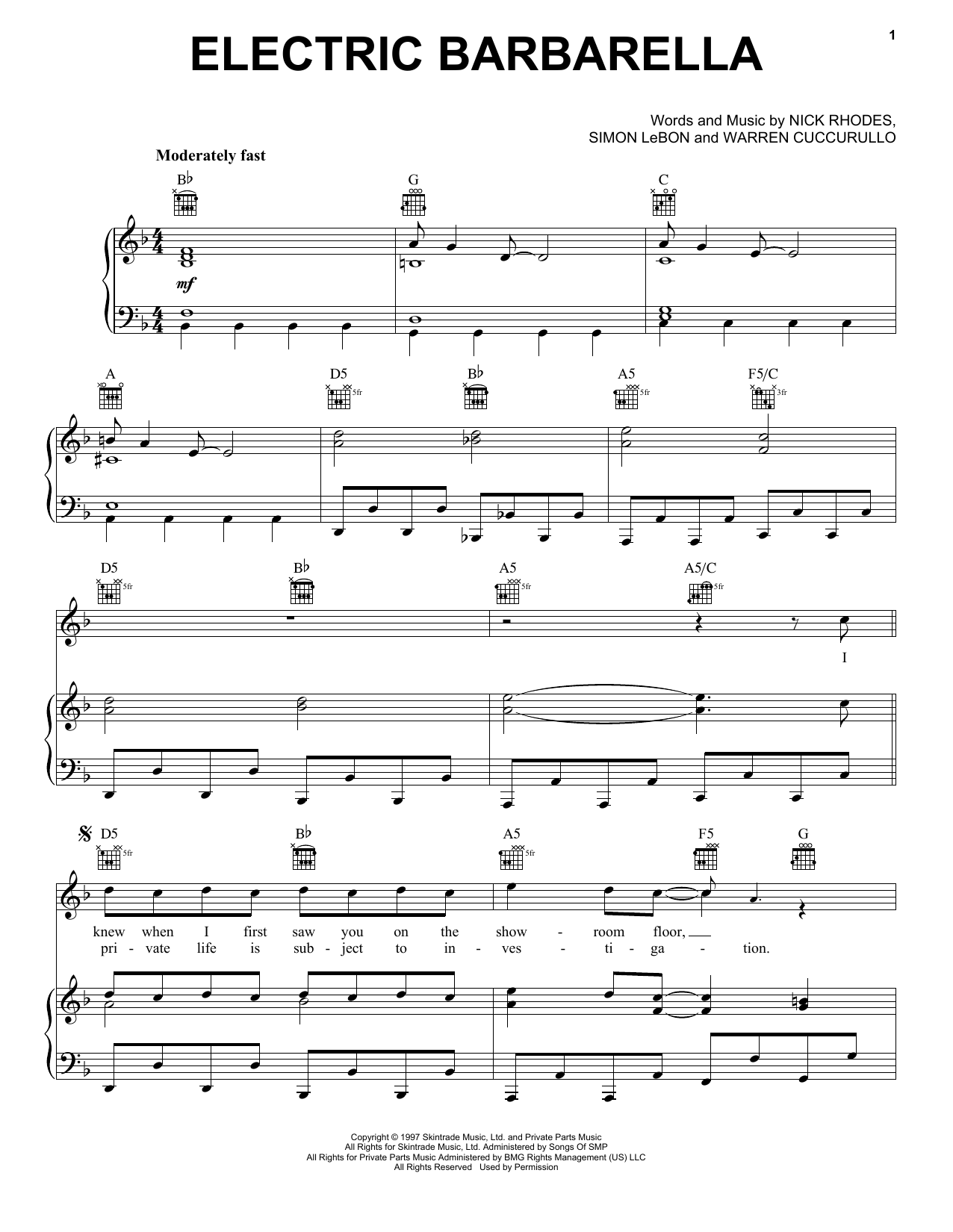 Download Duran Duran Electric Barbarella Sheet Music and learn how to play Piano, Vocal & Guitar (Right-Hand Melody) PDF digital score in minutes