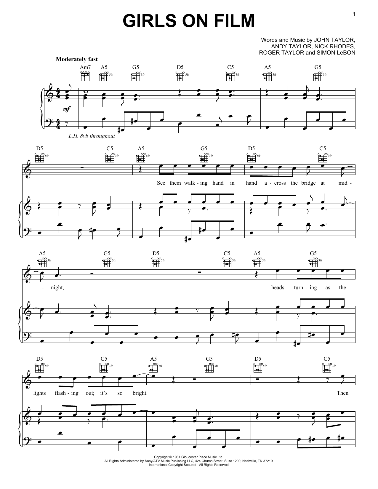 Download Duran Duran Girls On Film Sheet Music and learn how to play Piano, Vocal & Guitar (Right-Hand Melody) PDF digital score in minutes