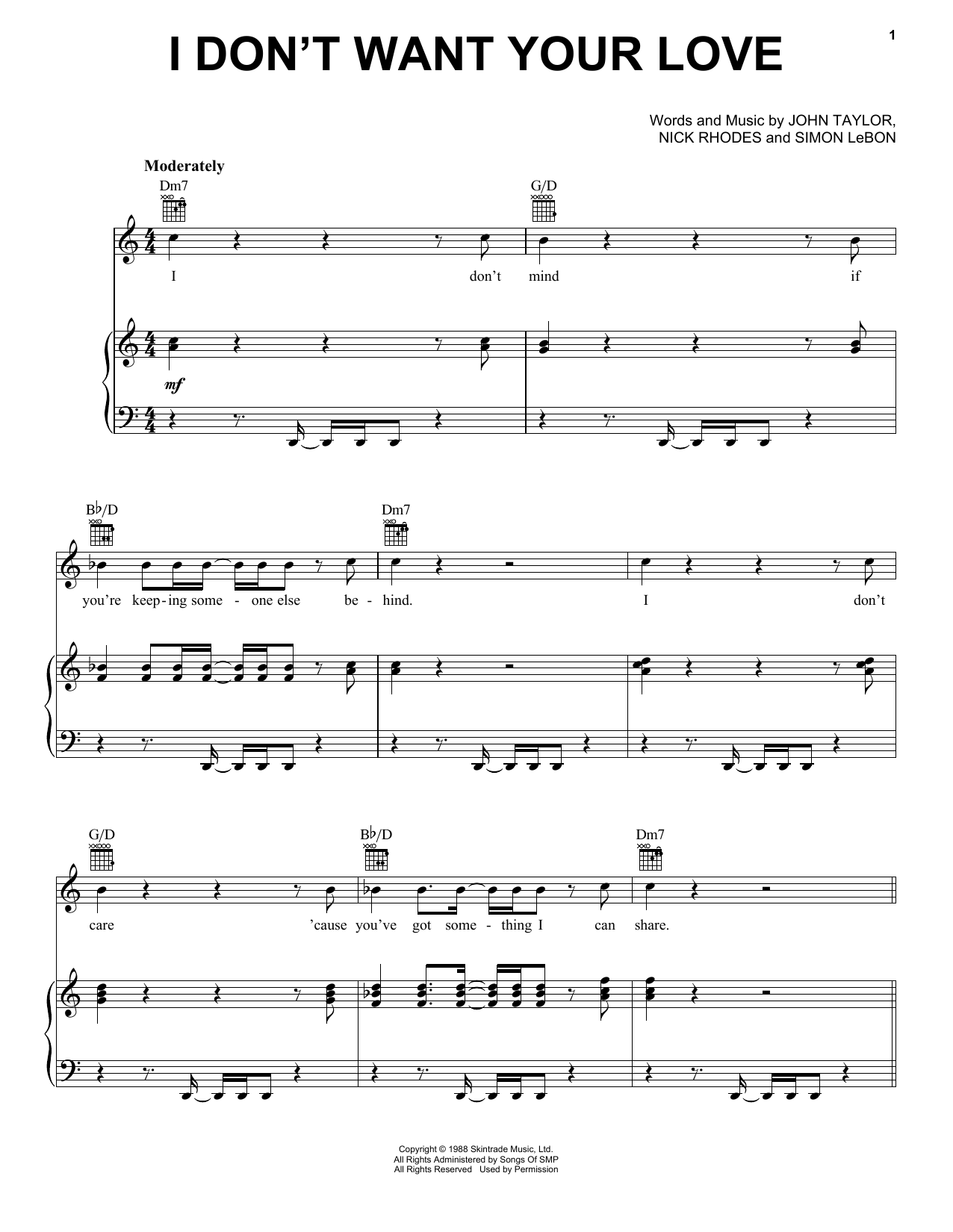 Download Duran Duran I Don't Want Your Love Sheet Music and learn how to play Piano, Vocal & Guitar (Right-Hand Melody) PDF digital score in minutes
