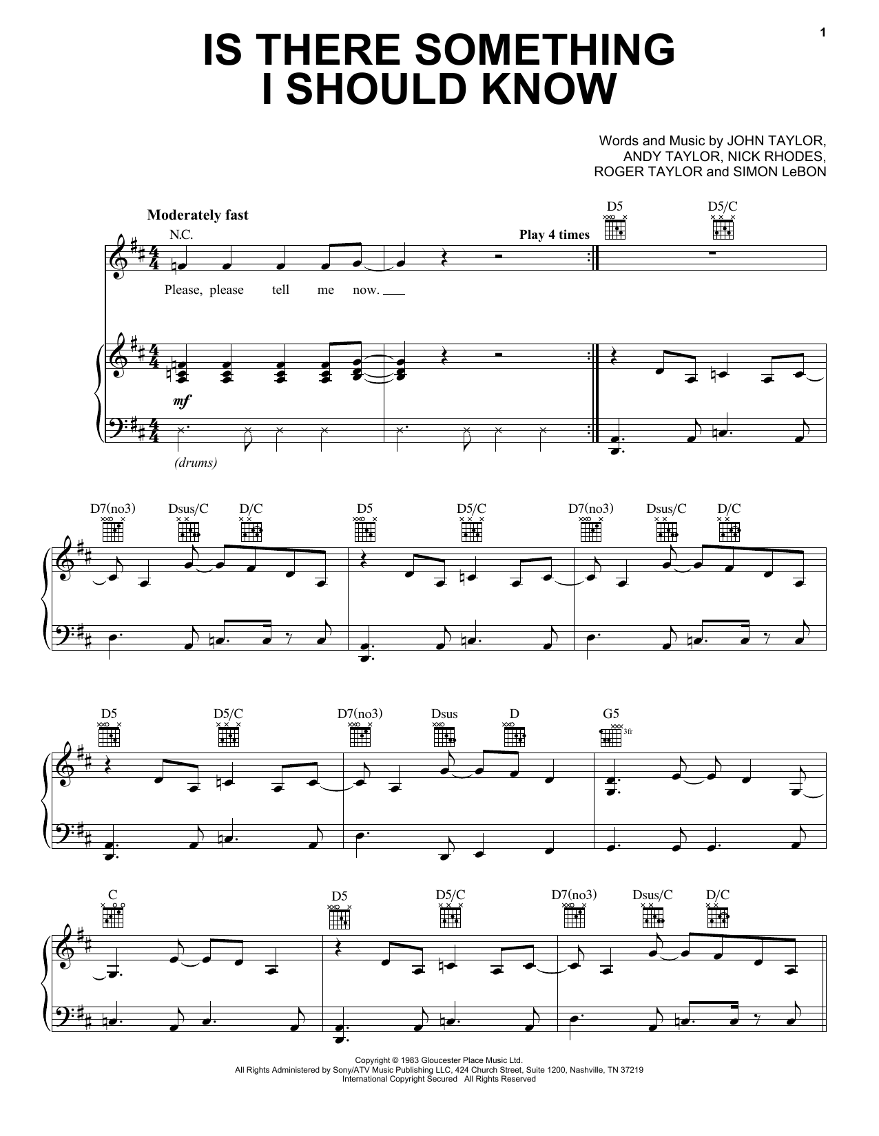 Download Duran Duran Is There Something I Should Know Sheet Music and learn how to play Piano, Vocal & Guitar (Right-Hand Melody) PDF digital score in minutes