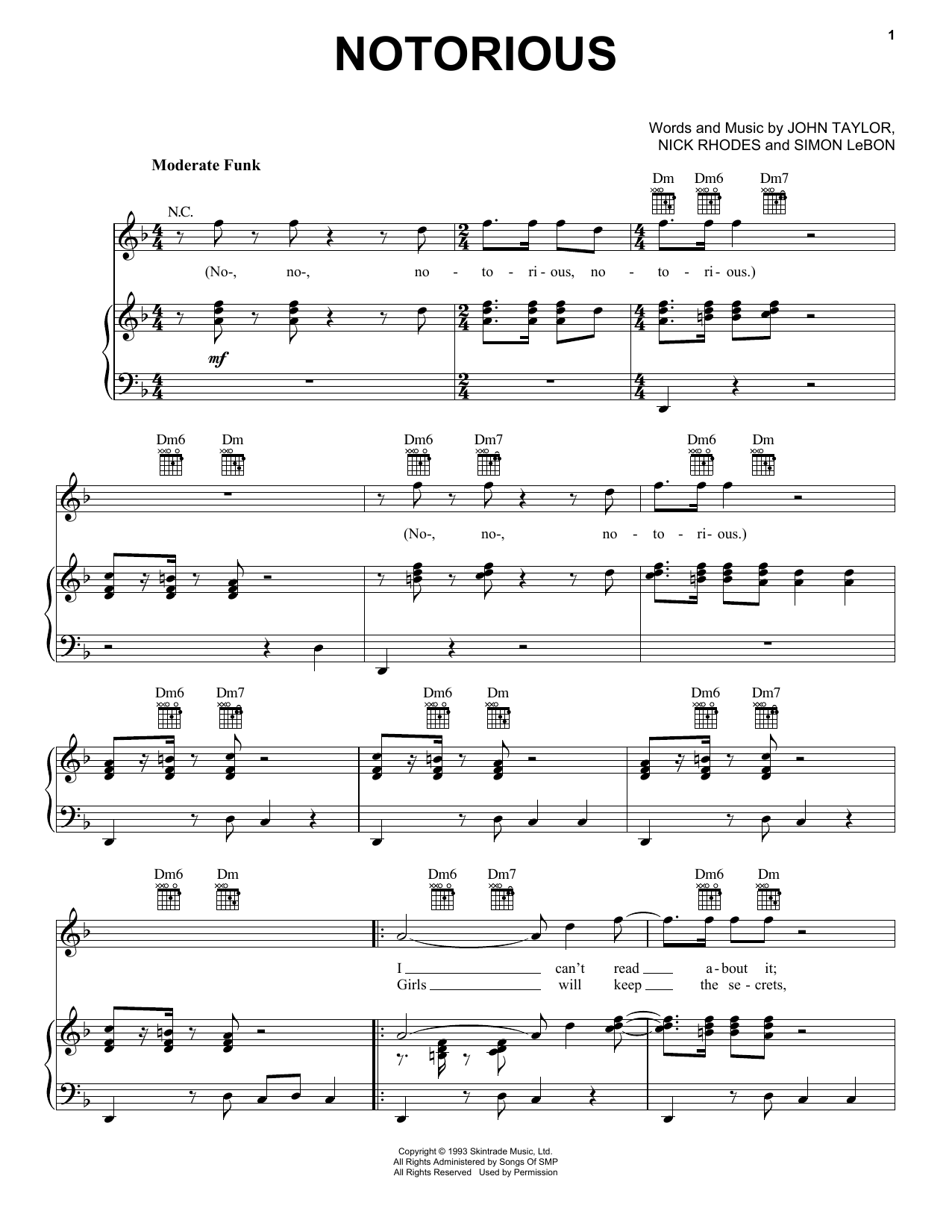 Download Duran Duran Notorious Sheet Music and learn how to play Piano, Vocal & Guitar (Right-Hand Melody) PDF digital score in minutes
