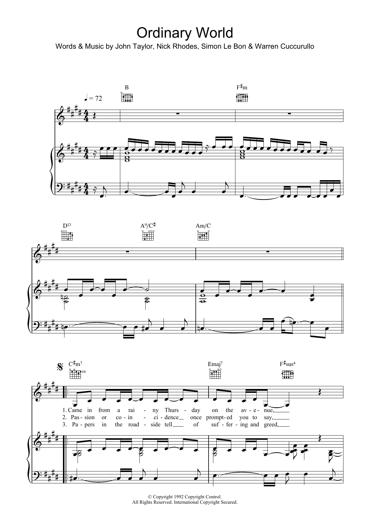 Download Duran Duran Ordinary World Sheet Music and learn how to play Piano, Vocal & Guitar (Right-Hand Melody) PDF digital score in minutes