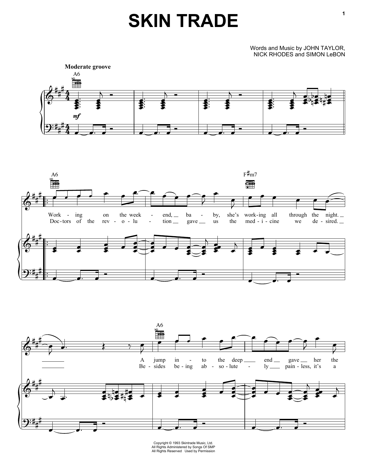 Download Duran Duran Skin Trade Sheet Music and learn how to play Piano, Vocal & Guitar (Right-Hand Melody) PDF digital score in minutes