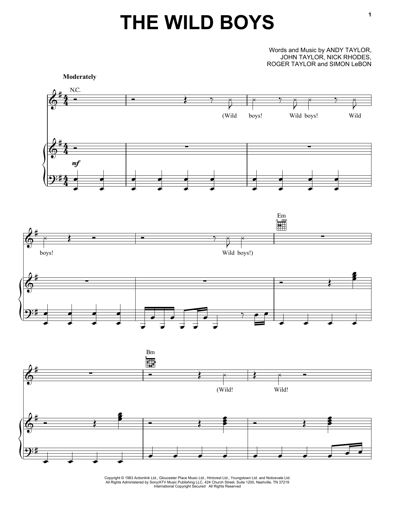 Download Duran Duran The Wild Boys Sheet Music and learn how to play Piano, Vocal & Guitar (Right-Hand Melody) PDF digital score in minutes