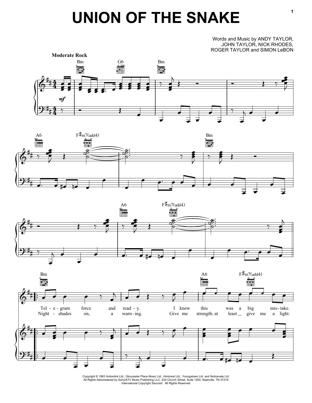 Download Duran Duran Union Of The Snake Sheet Music and learn how to play Piano, Vocal & Guitar (Right-Hand Melody) PDF digital score in minutes