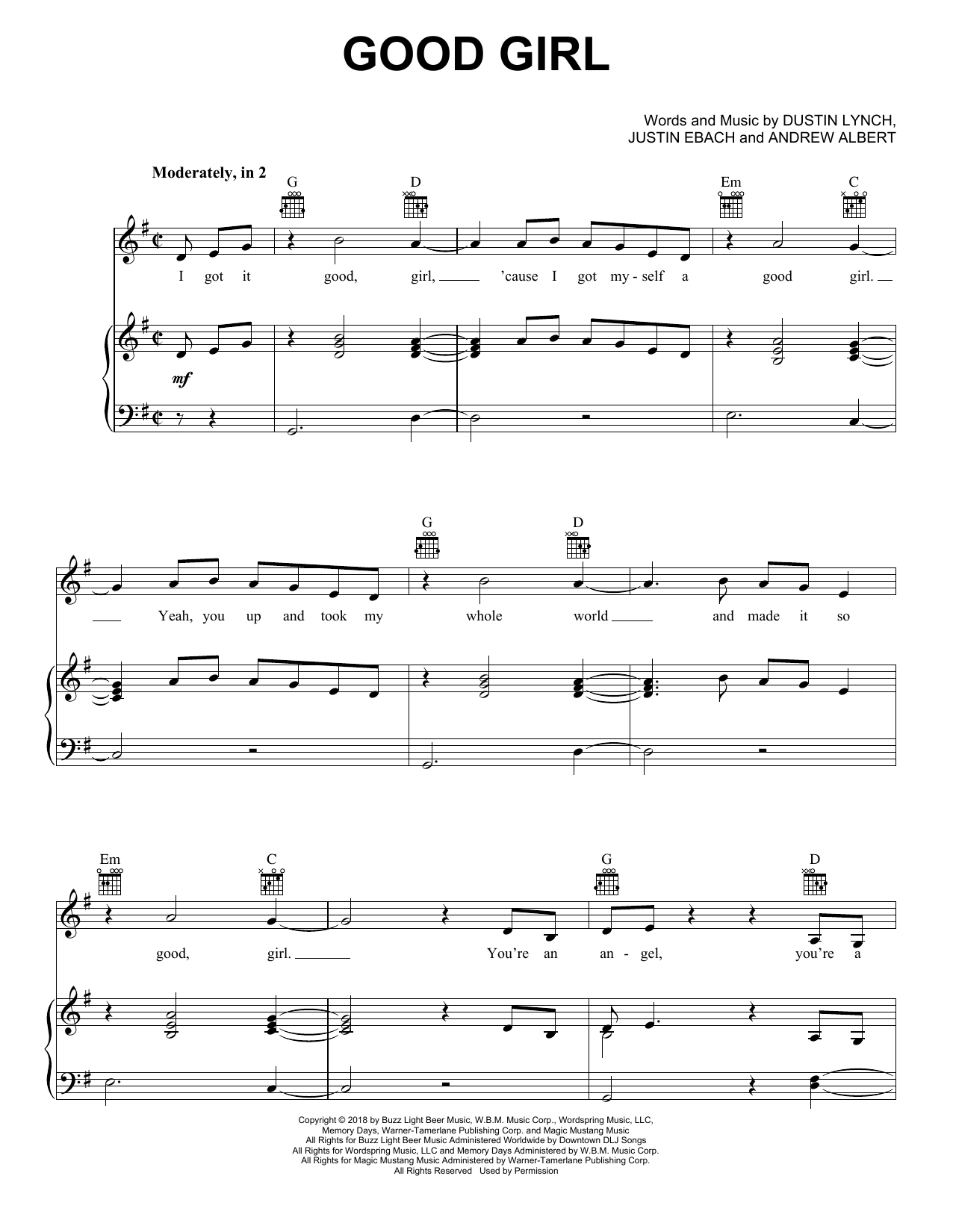 Download Dustin Lynch Good Girl Sheet Music and learn how to play Piano, Vocal & Guitar Chords (Right-Hand Melody) PDF digital score in minutes