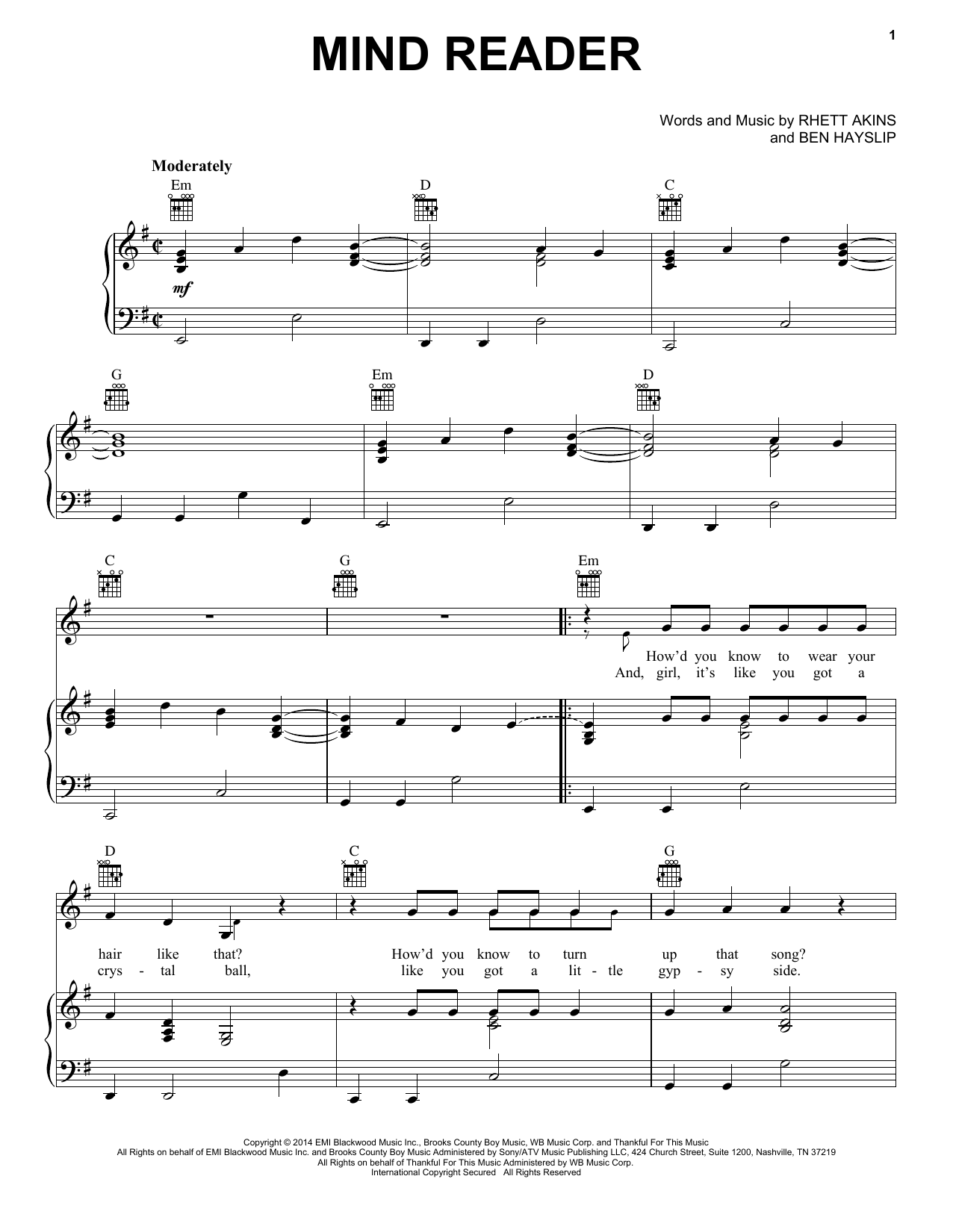 Download Dustin Lynch Mind Reader Sheet Music and learn how to play Piano, Vocal & Guitar (Right-Hand Melody) PDF digital score in minutes