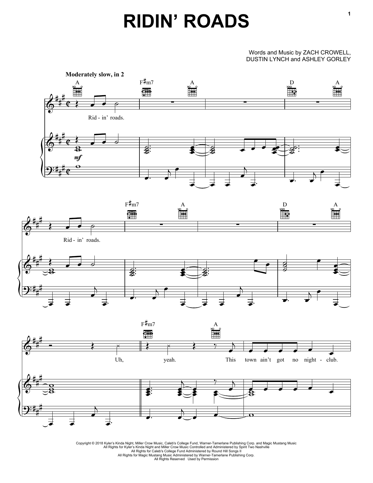 Download Dustin Lynch Ridin' Roads Sheet Music and learn how to play Piano, Vocal & Guitar Chords (Right-Hand Melody) PDF digital score in minutes
