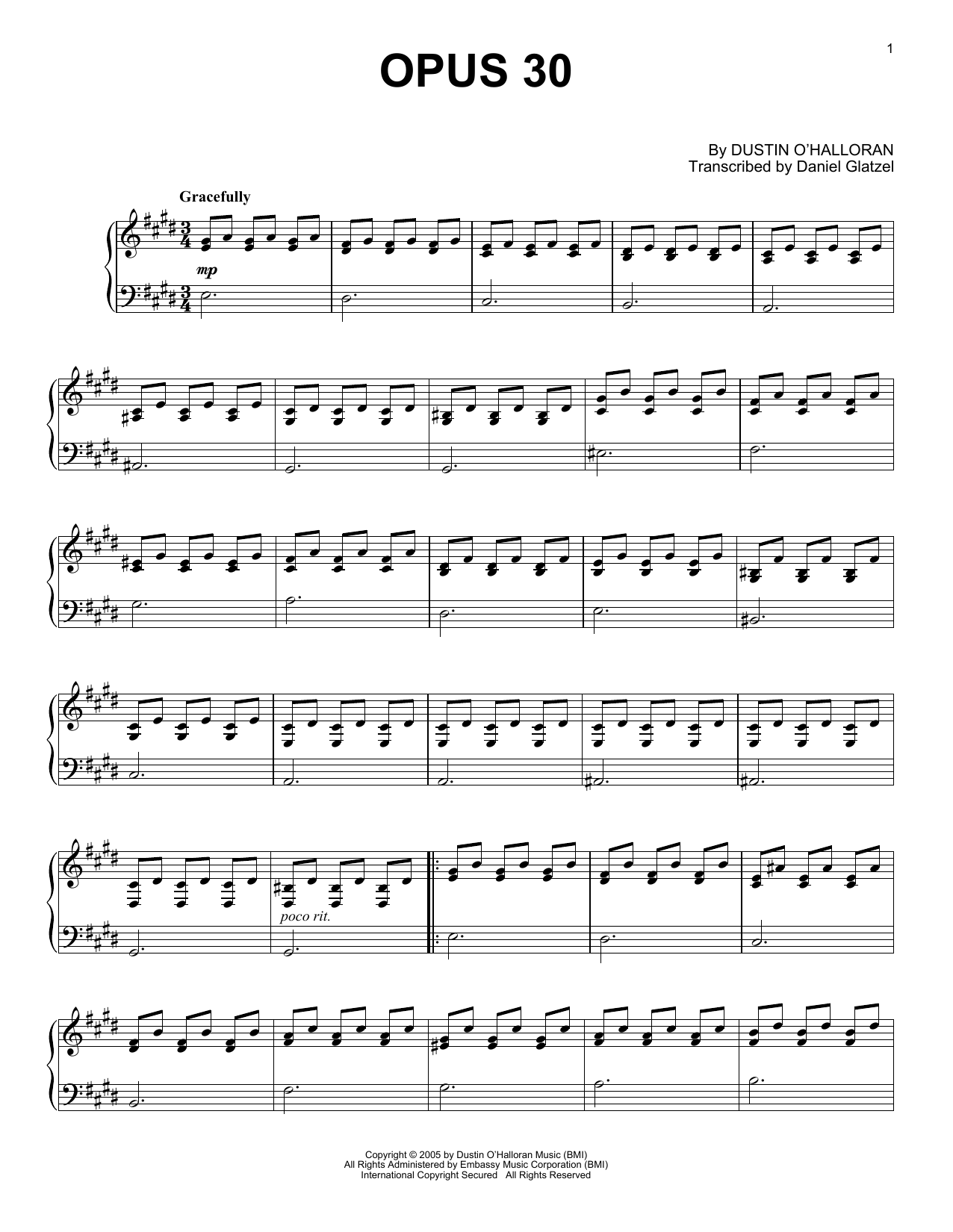 Download Dustin O'Halloran Opus 30 Sheet Music and learn how to play Piano Solo PDF digital score in minutes