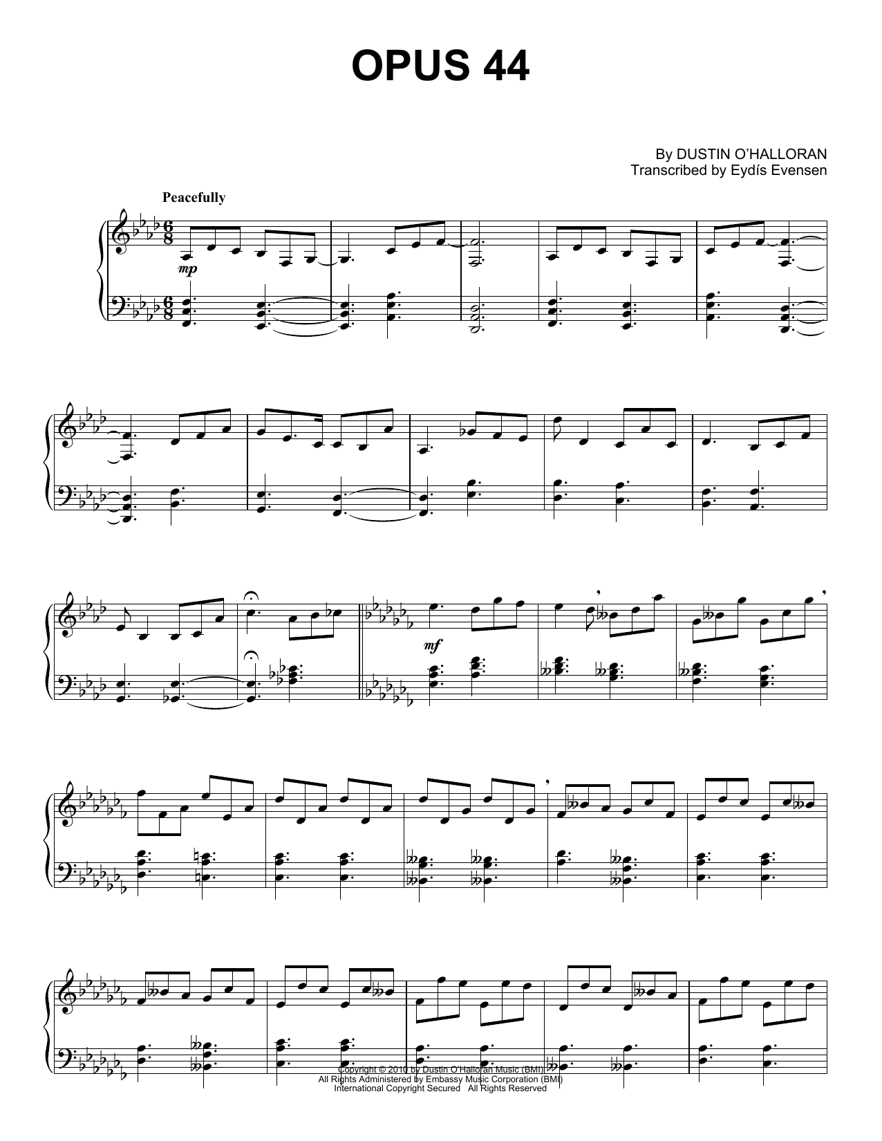 Download Dustin O'Halloran Opus 44 Sheet Music and learn how to play Piano Solo PDF digital score in minutes