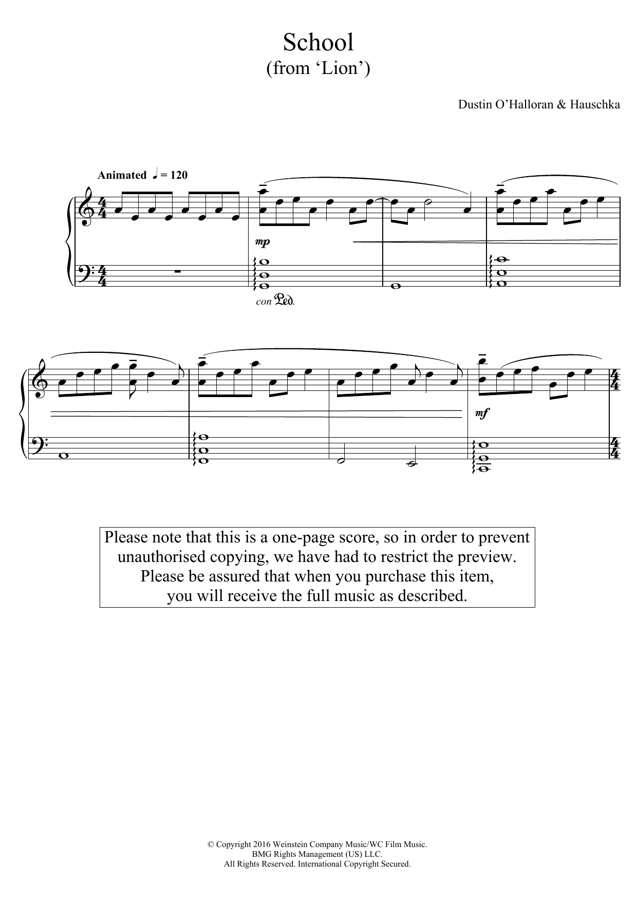 Download Dustin O'Halloran & Hauschka School (from 'Lion') Sheet Music and learn how to play Piano PDF digital score in minutes