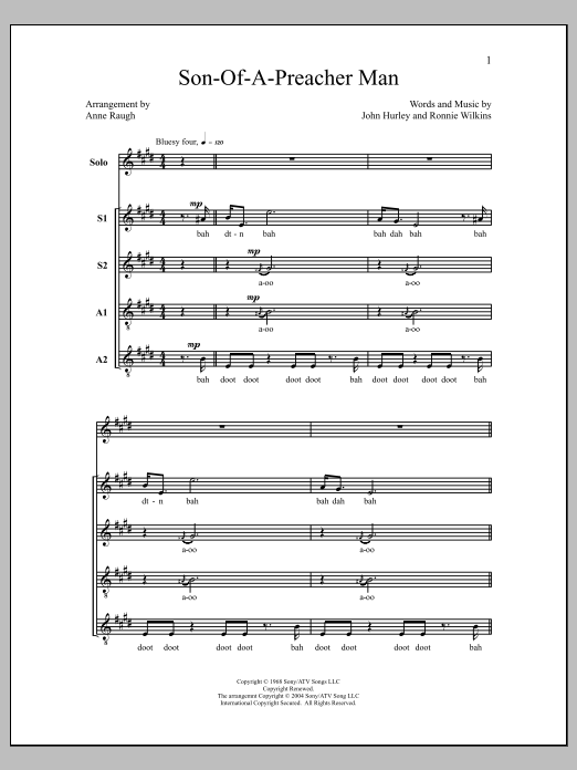 Download Dusty Springfield Son-Of-A-Preacher Man (arr. Anne Raugh) Sheet Music and learn how to play SSAA Choir PDF digital score in minutes