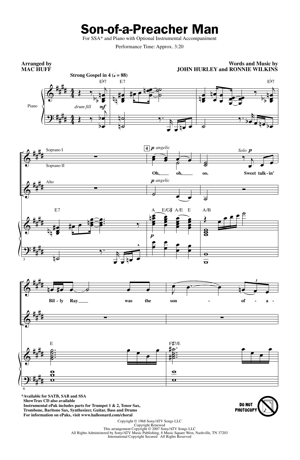 Download Dusty Springfield Son-Of-A-Preacher Man (arr. Mac Huff) Sheet Music and learn how to play SSA Choir PDF digital score in minutes