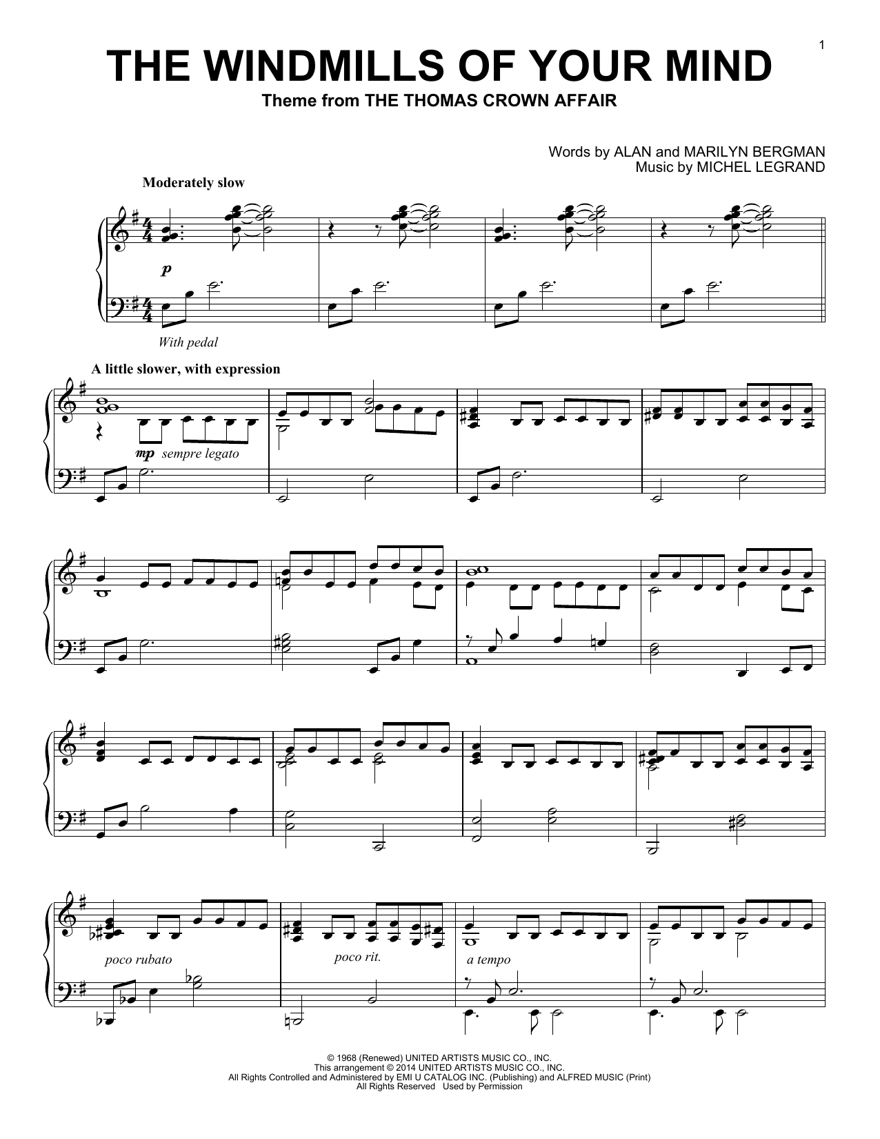 Download Dusty Springfield The Windmills Of Your Mind Sheet Music and learn how to play Piano PDF digital score in minutes