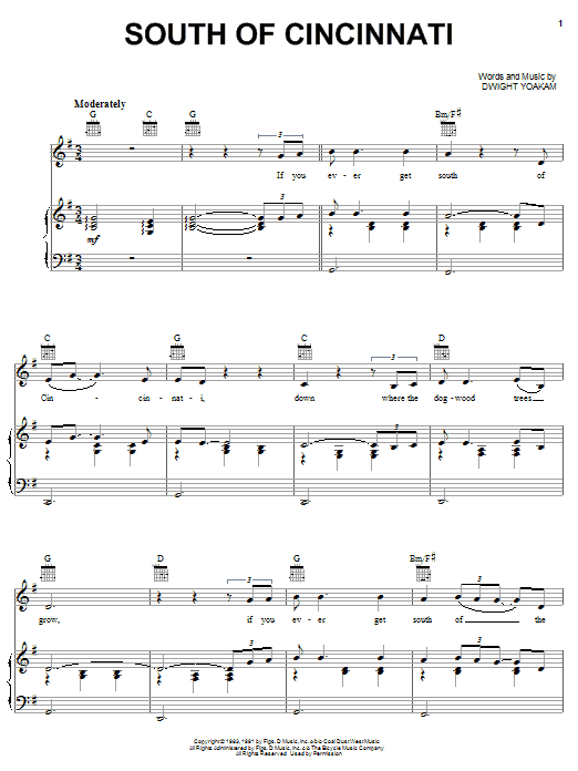 Download Dwight Yoakam South Of Cincinnati Sheet Music and learn how to play Piano, Vocal & Guitar (Right-Hand Melody) PDF digital score in minutes