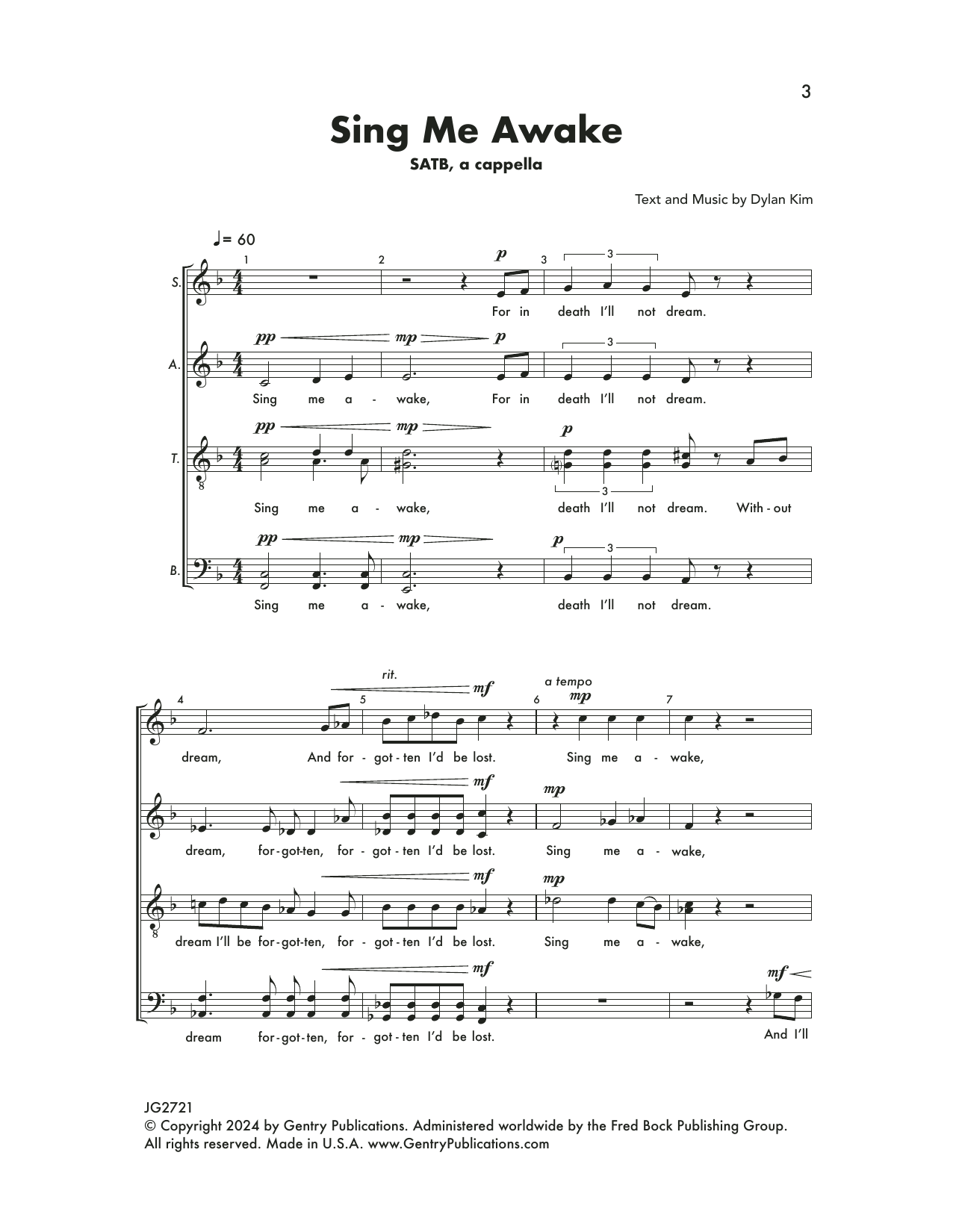 Download Dylan Kim Sing Me Awake Sheet Music and learn how to play SATB Choir PDF digital score in minutes