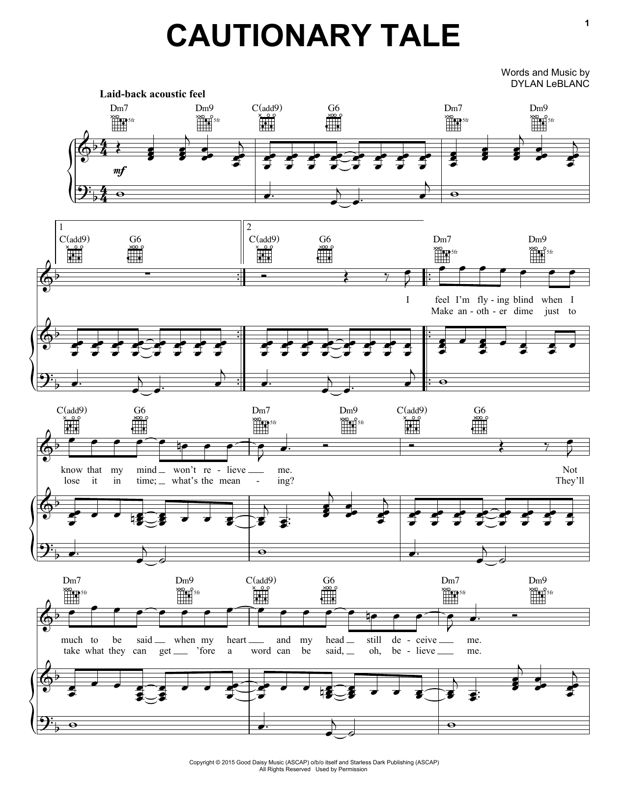 Download Dylan LeBlanc Cautionary Tale Sheet Music and learn how to play Piano, Vocal & Guitar (Right-Hand Melody) PDF digital score in minutes