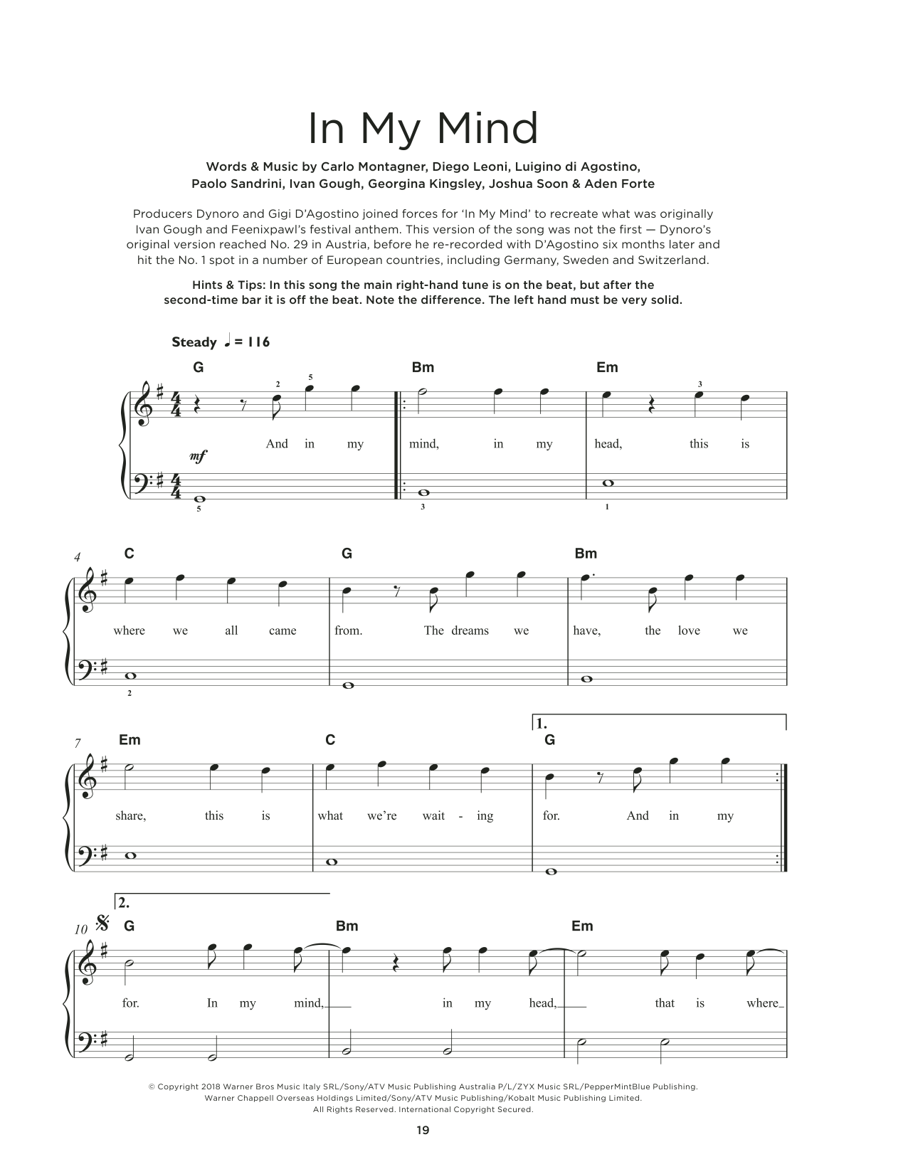 Download Dynoro & Gigi D'Agostino In My Mind Sheet Music and learn how to play Really Easy Piano PDF digital score in minutes