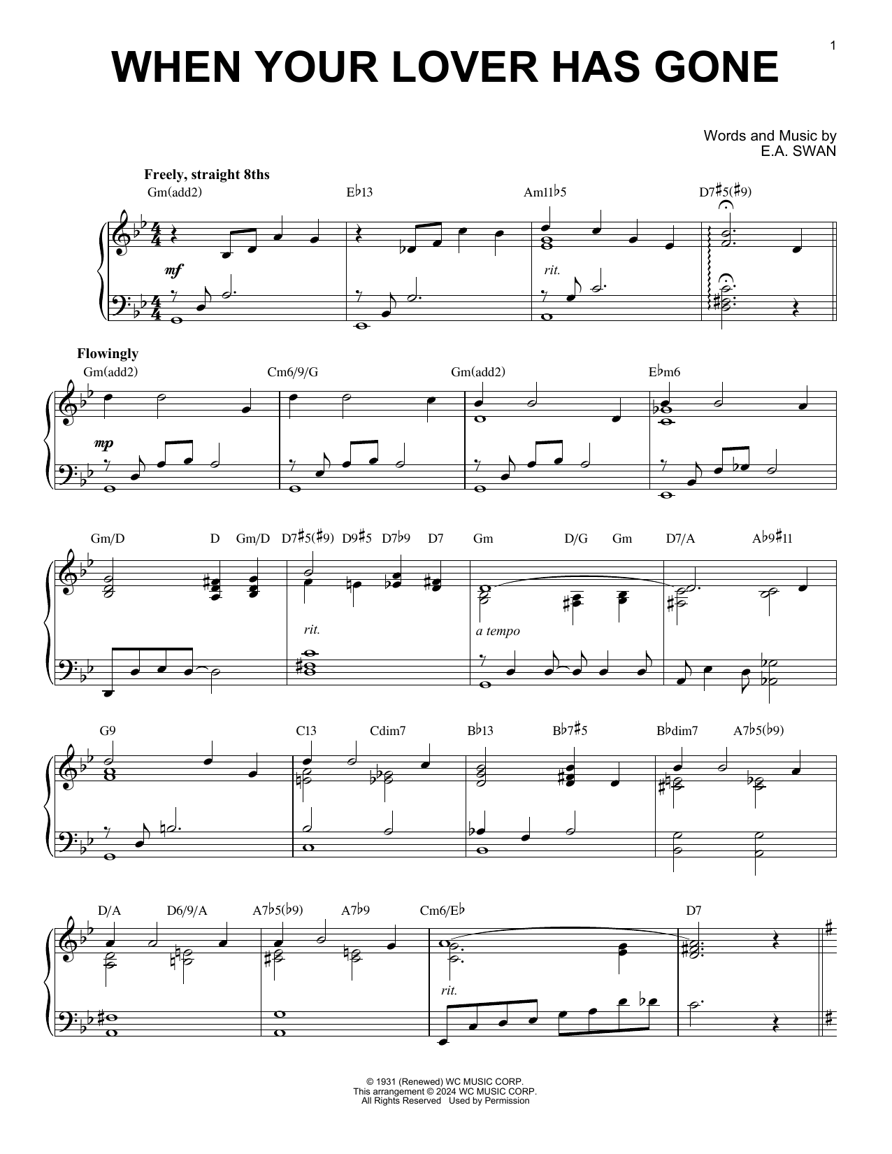 Download E.A. Swan When Your Lover Has Gone (arr. Brent Edstrom) Sheet Music and learn how to play Piano Solo PDF digital score in minutes