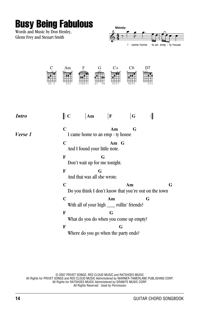 Download Eagles Busy Being Fabulous Sheet Music and learn how to play Lyrics & Chords PDF digital score in minutes