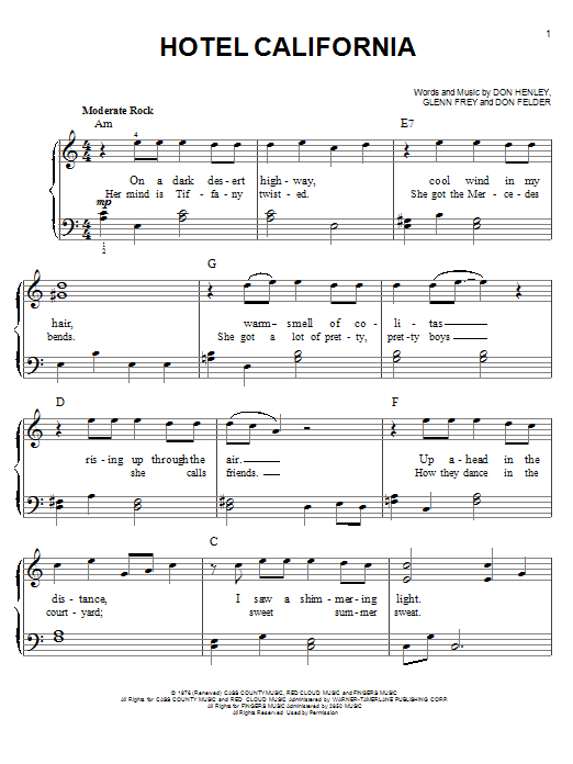 Eagles Hotel California Sheet Music Notes Download Printable PDF