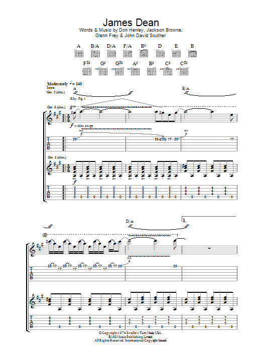Download Eagles James Dean Sheet Music and learn how to play Guitar Tab PDF digital score in minutes