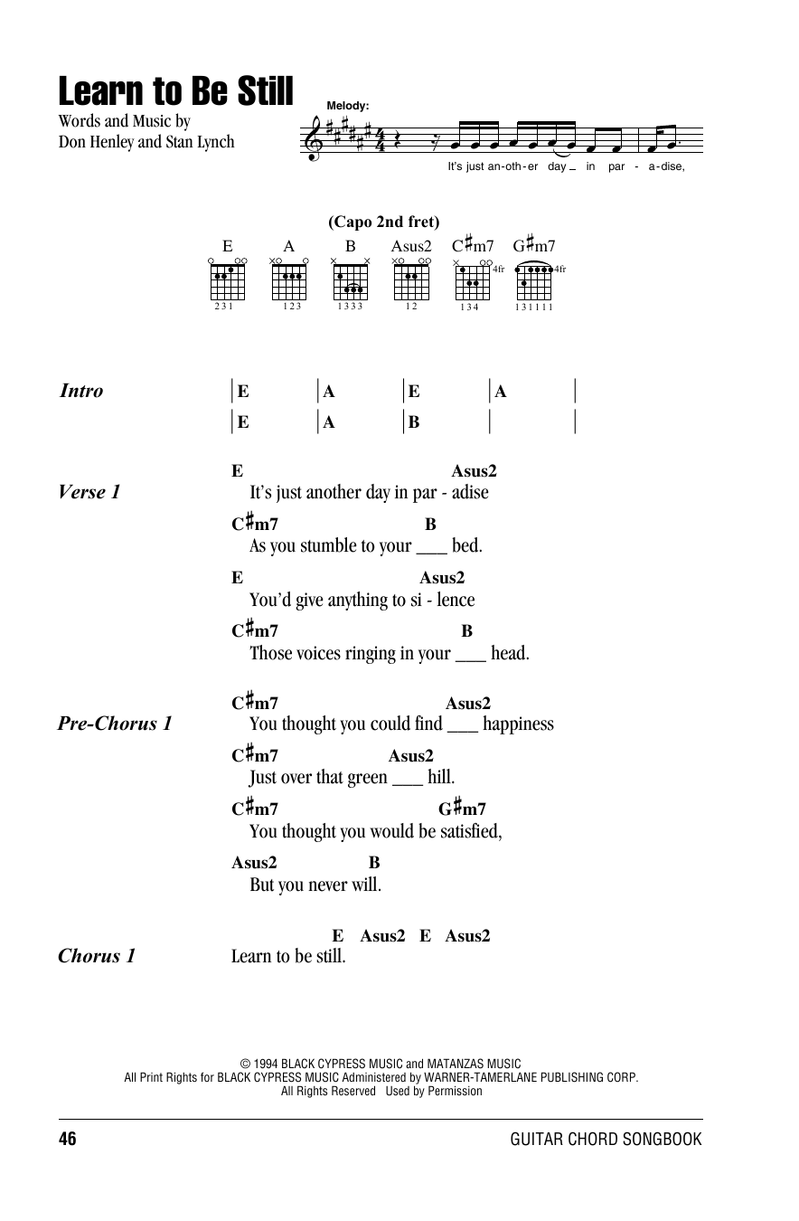 Download Eagles Learn To Be Still Sheet Music and learn how to play Lyrics & Chords PDF digital score in minutes
