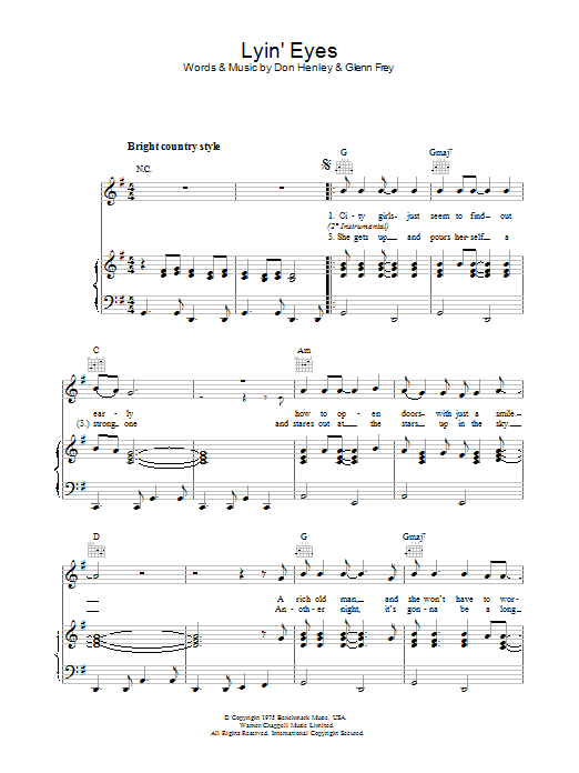 Download Eagles Lyin' Eyes Sheet Music and learn how to play Piano, Vocal & Guitar (Right-Hand Melody) PDF digital score in minutes