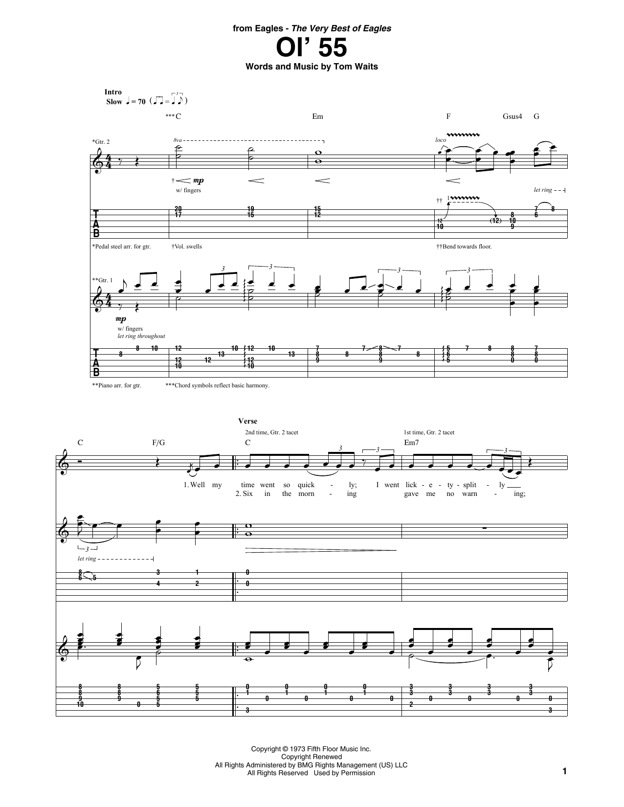 Download Eagles Ol' 55 Sheet Music and learn how to play Guitar Tab PDF digital score in minutes