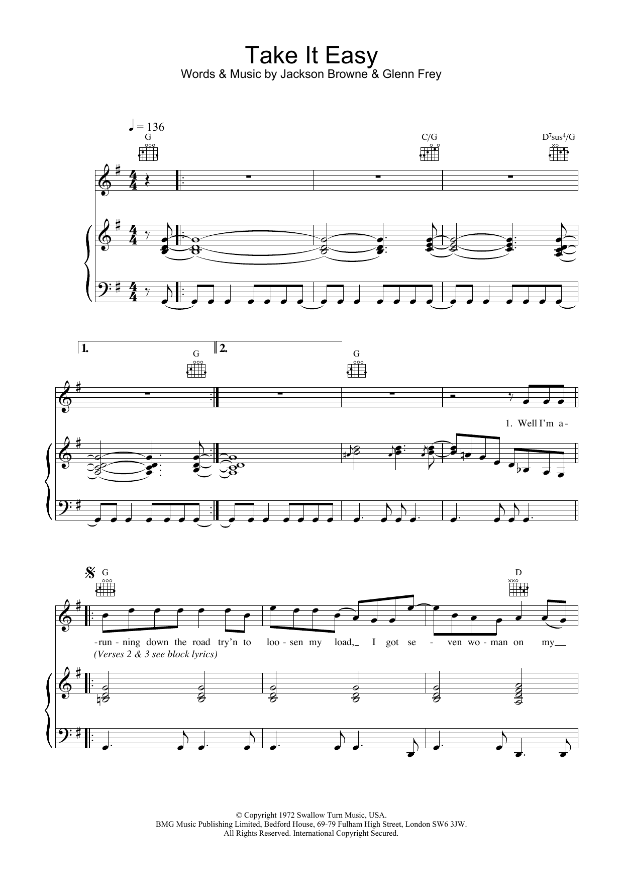 Download Eagles Take It Easy Sheet Music and learn how to play Piano, Vocal & Guitar PDF digital score in minutes