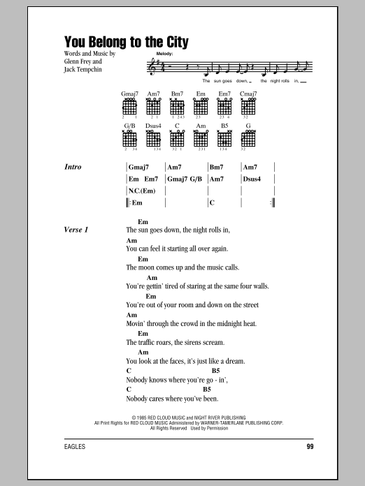 Download Eagles You Belong To The City Sheet Music and learn how to play Lyrics & Chords PDF digital score in minutes